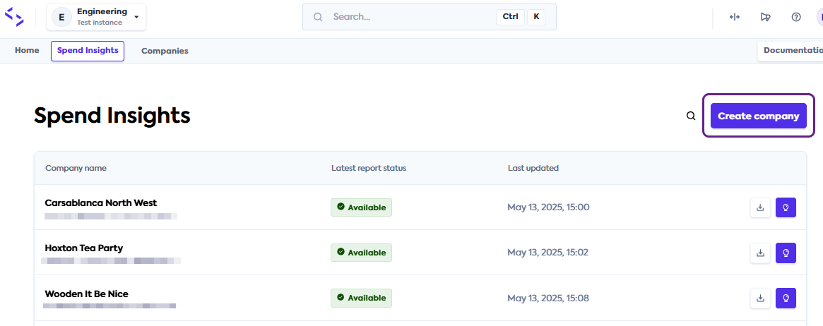 An image of the Codat Portal user interface with three companies listed as examples and the Create company button highlighted