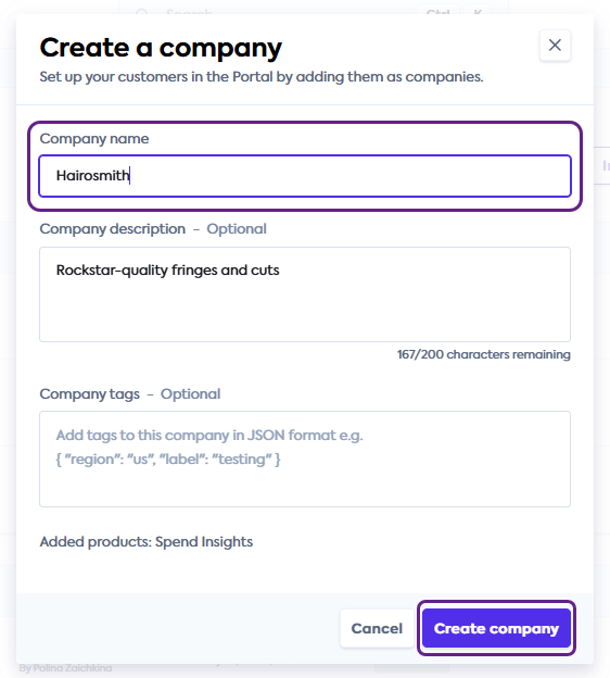An image of the Create a company window with the Company name filled with value Hairosmith and Company description listed as Rockstar-quality fringes and cuts. The Create company button highlighted
